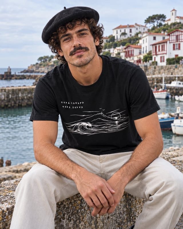 Homme en béret et t-shirt noir Lerroa au port