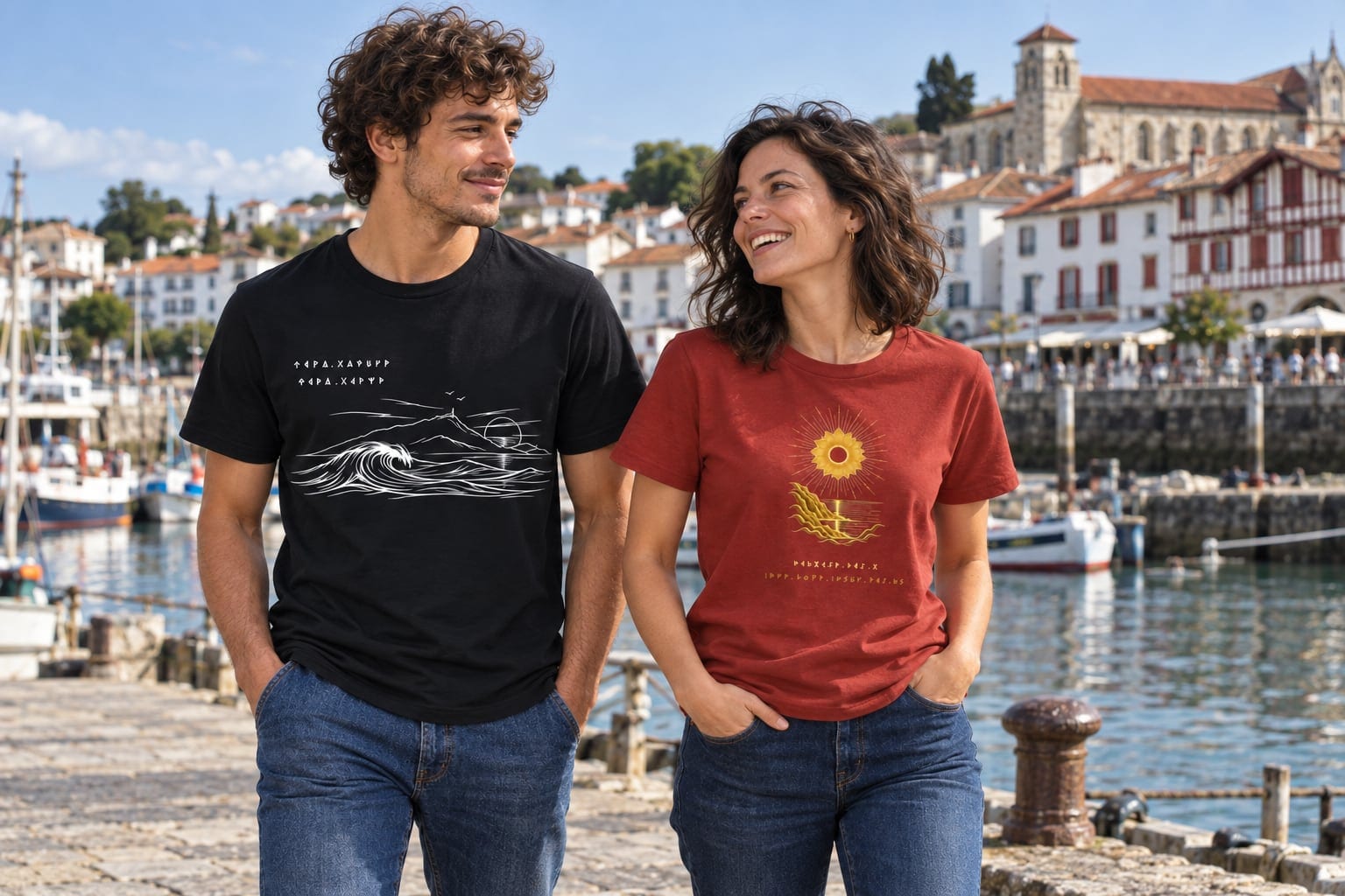 Deux amis au port en t-shirts Lerroa et Eguzkilore